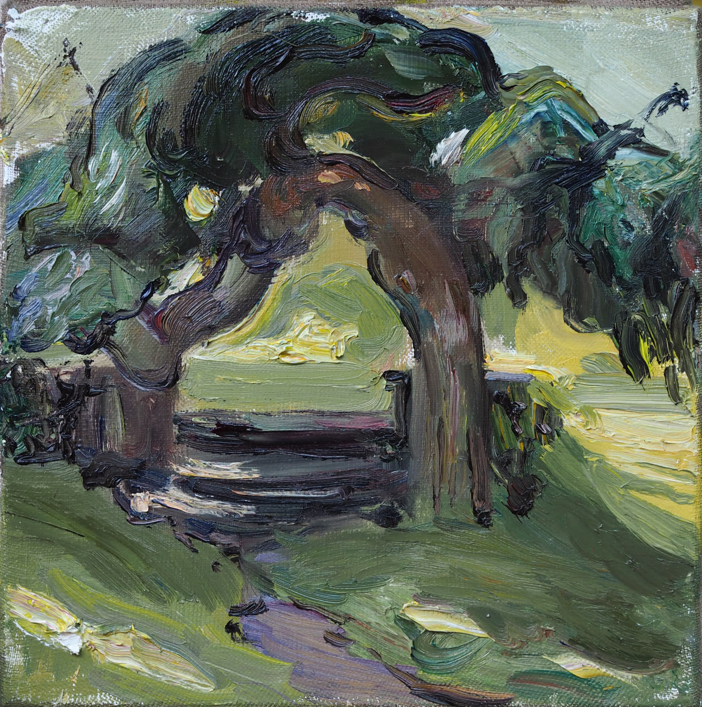 Oil painting of a large tree over a wooden fence, by Sasha Budayev
